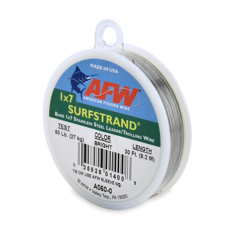 AFW American Fishing Wire Surfstrand, Bare 1x7 Stainless Steel Leader Wire, 60 lb Test, 0.021" Diameter, Bright, 30 ft - Image 1